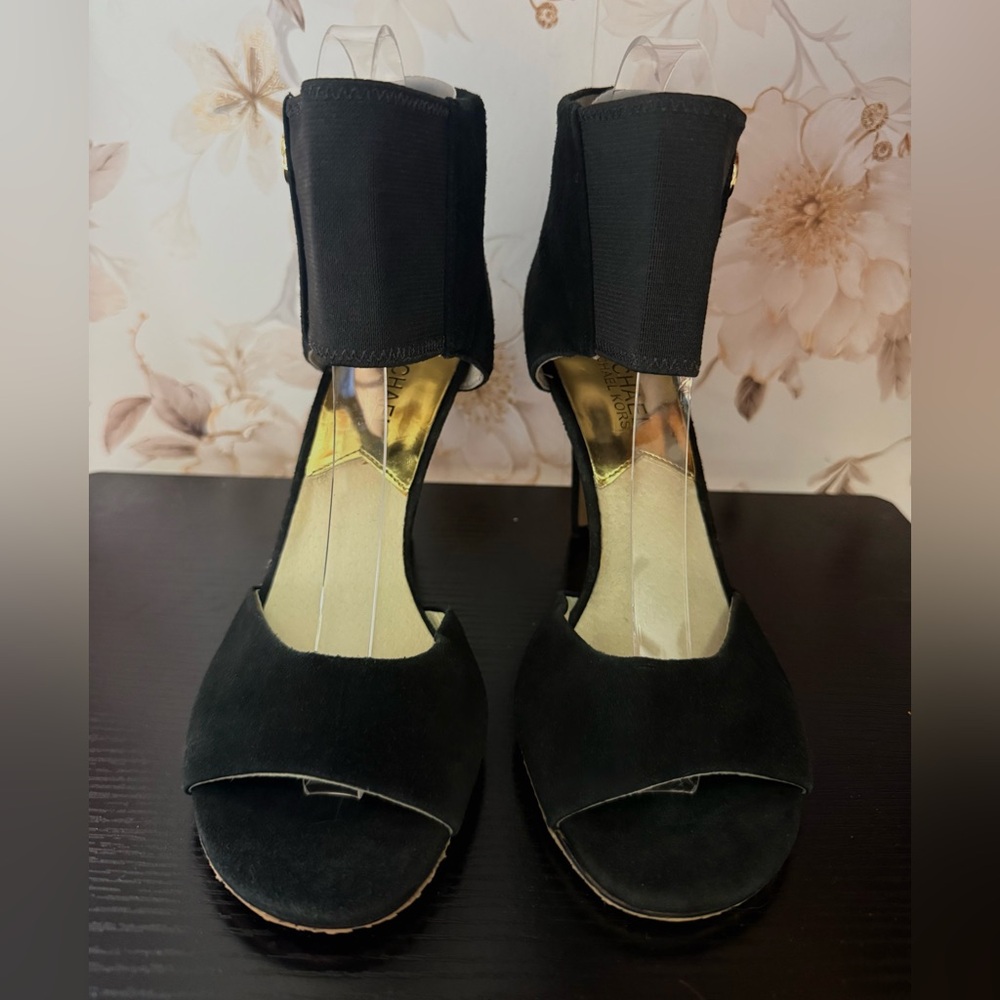 Michael Kors Black Suede Open-Toe Ankle-Cuff Heels with Gold MK Accent - Picture 3 of 4